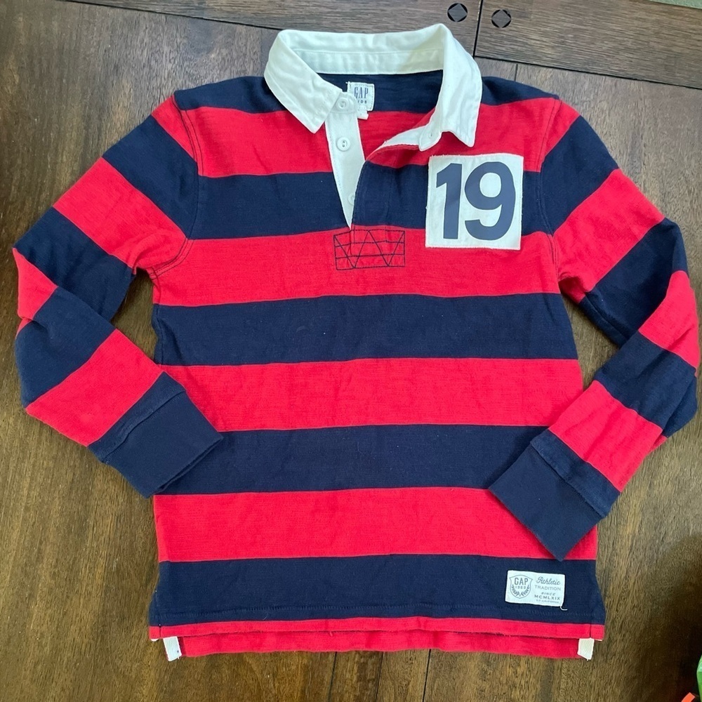 GAP Kids Rugby Boy's LARGE Navy Muted Red Stripe LS  Slub Polo #19 Preppy